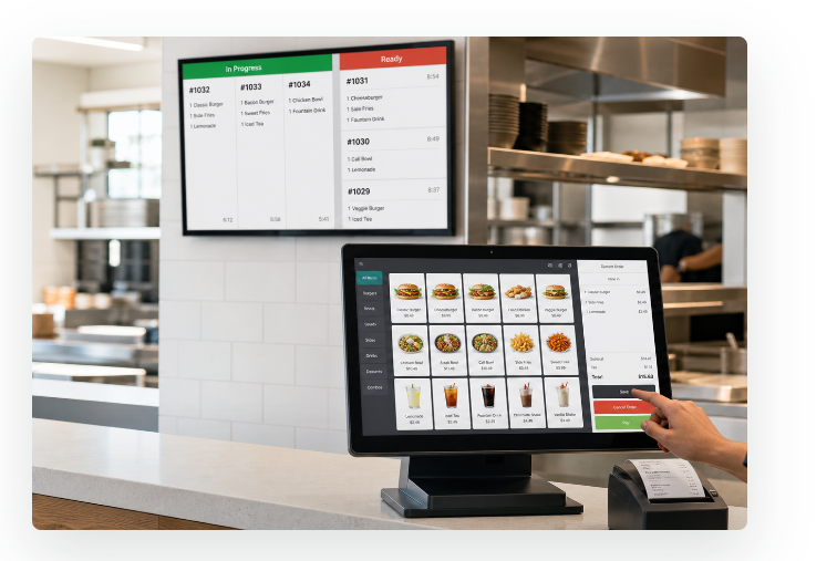 Qu POS terminal and kitchen display screens in a restaurant operations environment