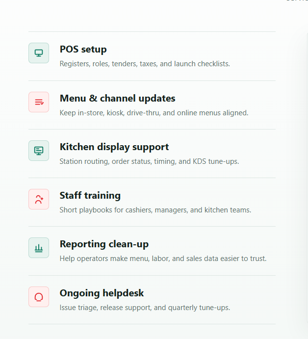 Qu POS support tools list including POS setup, menu channel updates, kitchen display support, staff training, reporting clean-up, and ongoing helpdesk